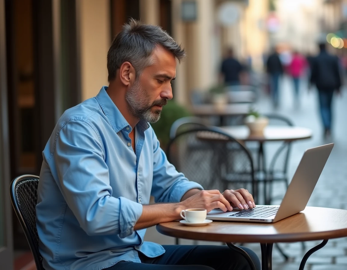 Homme utilisant un traducteur audio en ligne sur ordinateur portable dans un café en Europe