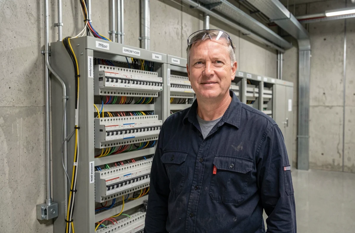Ingénieur électricien devant un tableau électrique industriel pour illustrer le calcul de l'indice BT47 INSEE en électricité