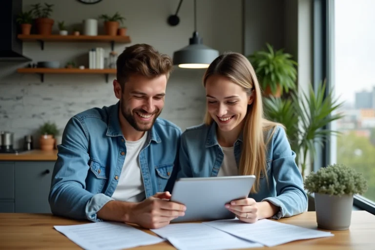 Jeune couple souriant examinant documents immobiliers