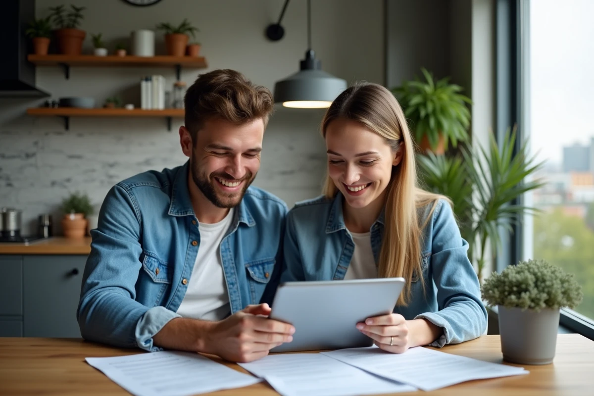 Jeune couple souriant examinant documents immobiliers