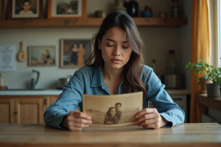 Jeune femme latino regardant une photo ancienne dans la cuisine
