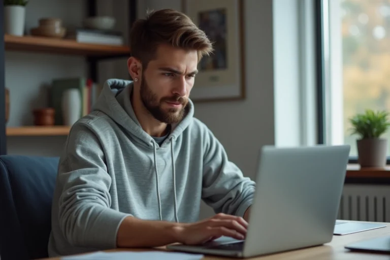 Jeune homme en hoodie travaillant sur son ordinateur à domicile