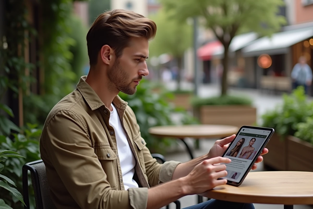 Jeune homme lisant un article sur la beauté en extérieur