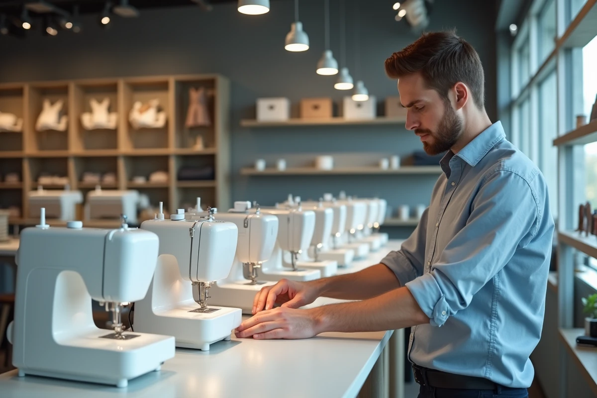 Jeune homme examine différentes machines à coudre en magasin