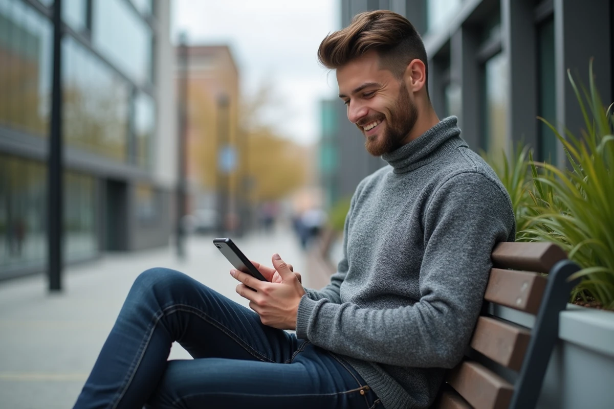 Jeune homme relaxe avec son smartphone en ville