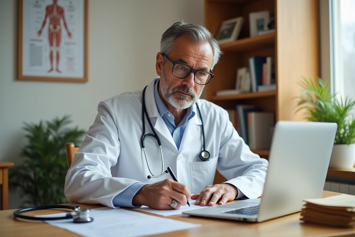 Médecin généraliste rédigeant une prescription de transport en ambulance VSL dans son cabinet