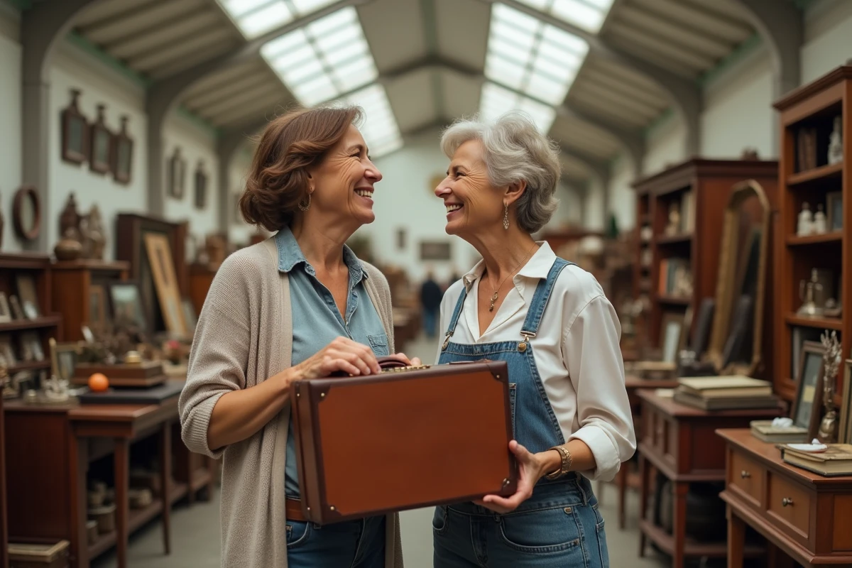 Deux femmes négociant le prix d'une valise vintage dans une foire aux antiquités couverte, vente d'objets d'occasion