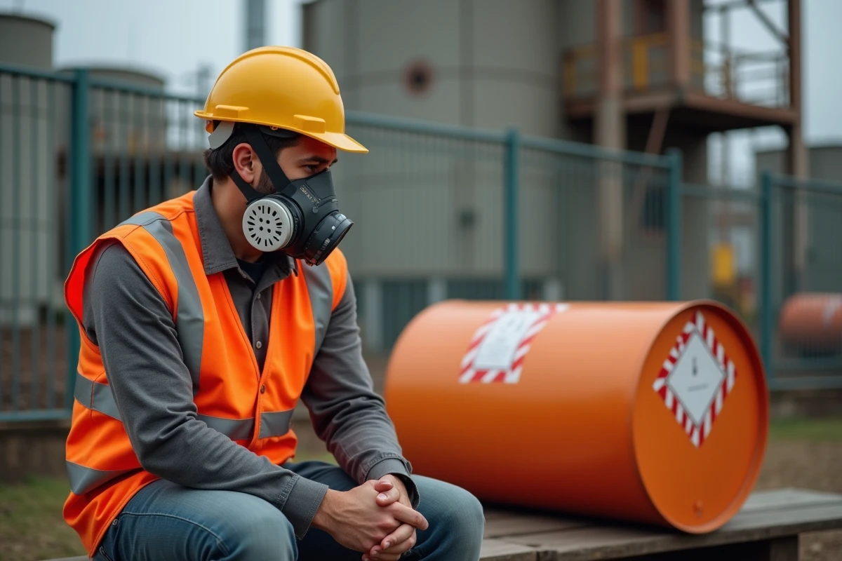 Ouvrier industriel lisant les étiquettes de danger sur un fût chimique, représentant l'exposition aux substances allergènes en milieu professionnel