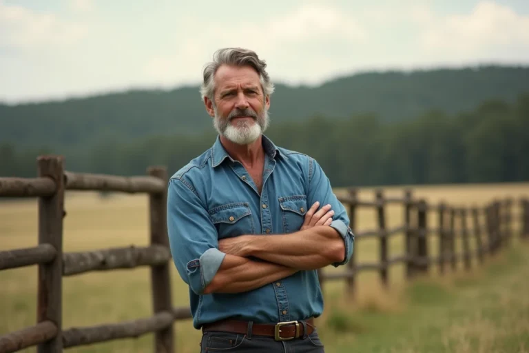 Portrait d'un homme élégant aux cheveux poivre et sel devant un ranch du Montana, illustrant la biographie de Paul Qualley