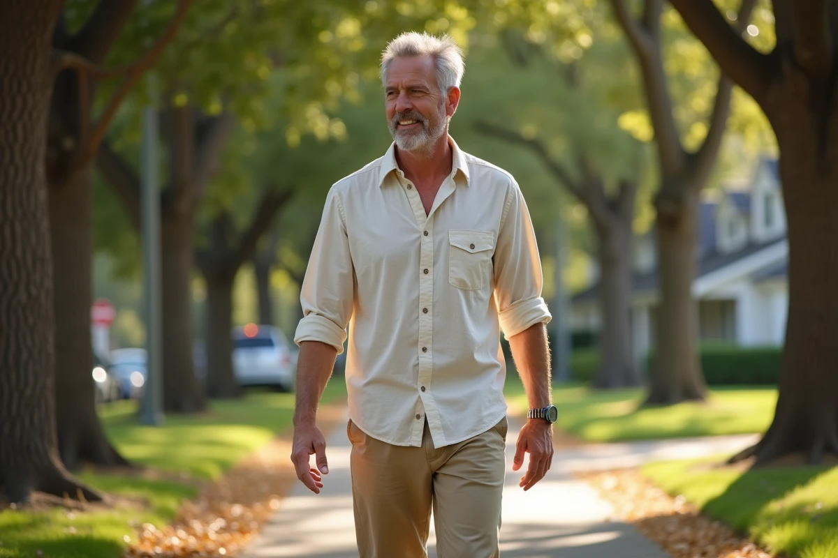 Homme en chemise de lin se promenant dans une allée arborée, illustration de la vie privée et du quotidien de Paul Qualley
