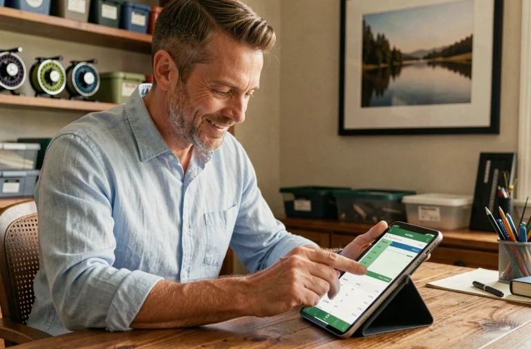 Pêcheur consultant les nouveautés de l'application My Fish Book sur une tablette dans un bureau à domicile