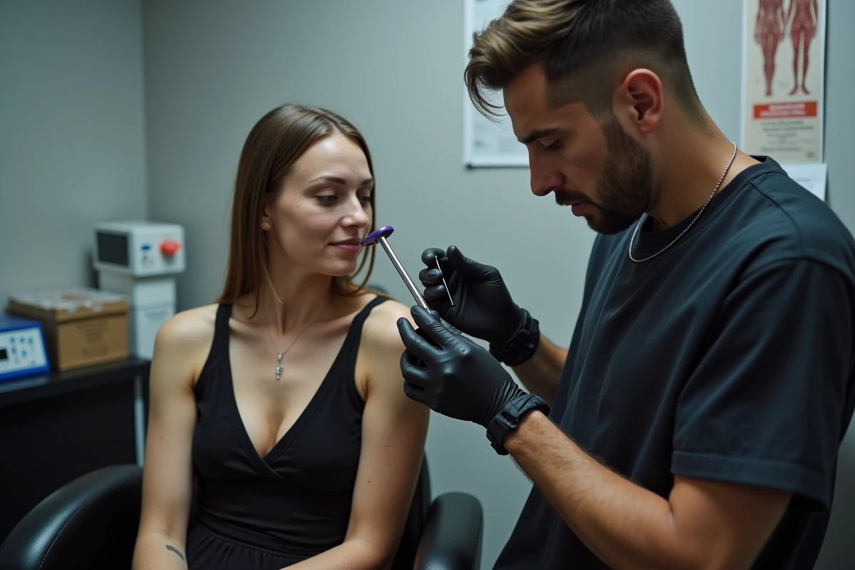 Perceur professionnel inspectant un piercing sternum cicatrisé sur une cliente dans un studio agréé