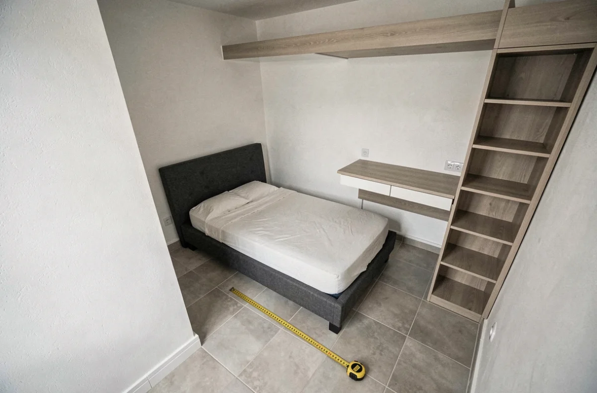 Petite chambre de 9 m² optimisée avec mètre ruban au sol montrant les dimensions minimales recommandées pour une chambre