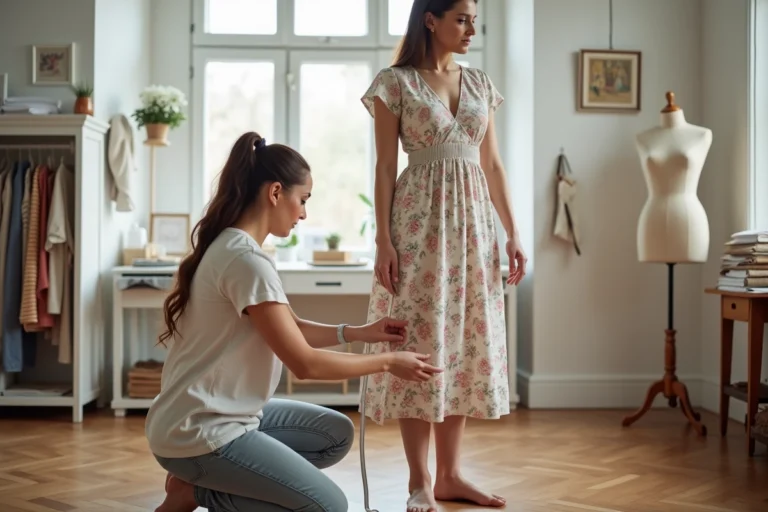 Couturière prenant les mesures de la longueur d'une robe sur une cliente dans un atelier de couture