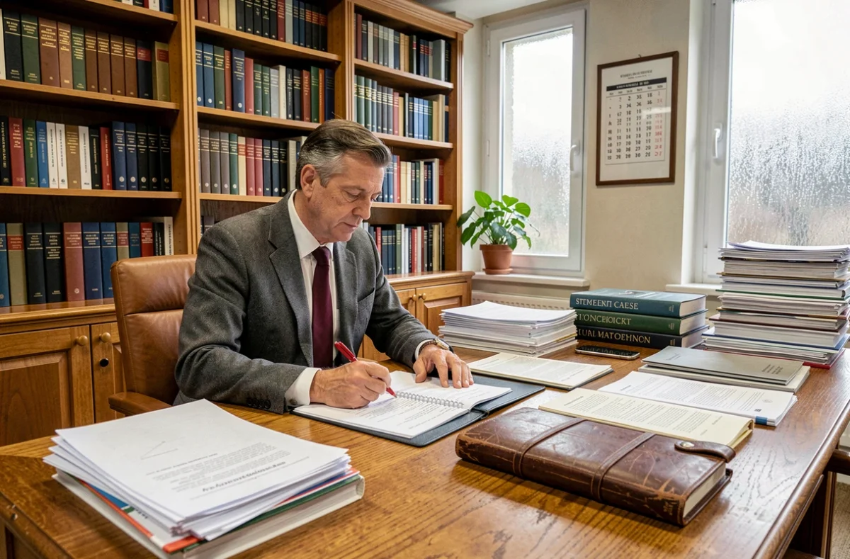 Professeur de prépa dans son bureau corrigeant des copies d'étudiants entouré de livres académiques