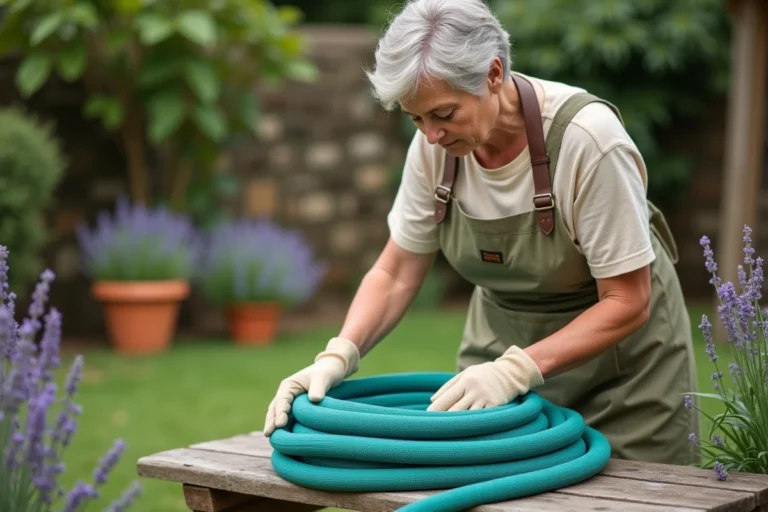 Femme rangeant soigneusement un tuyau d'arrosage extensible en spirale sur un banc de jardin en bois