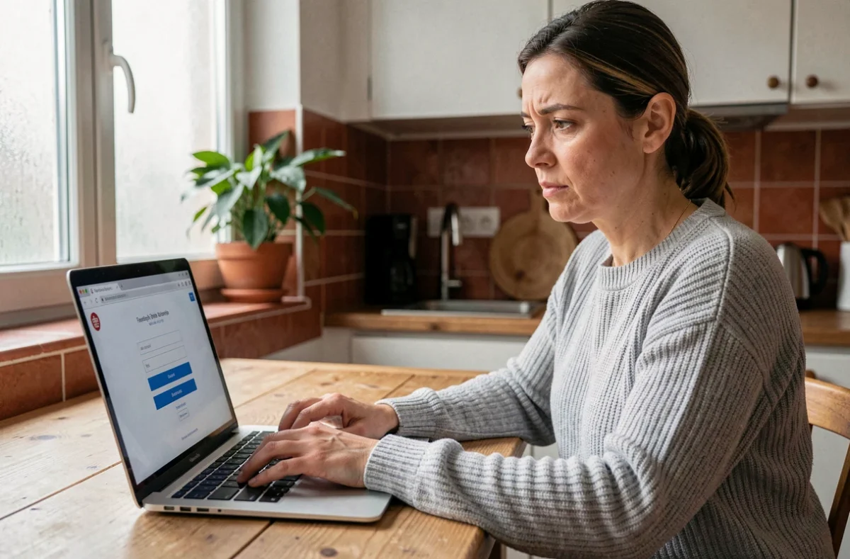Femme en pull gris récupérant l'accès à son compte FranceConnect sur un ordinateur portable dans une cuisine moderne