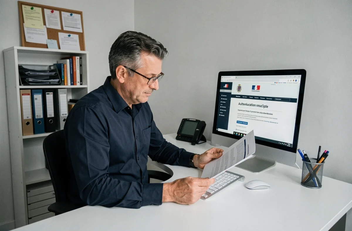 Homme d'âge mûr consultant un document papier pour réinitialiser son identifiant FranceConnect sur un ordinateur de bureau