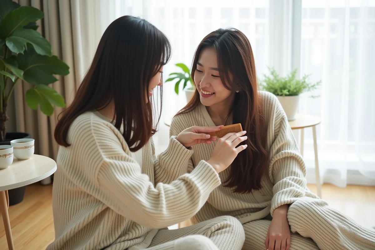 Deux femmes coréennes partageant un moment de soin capillaire traditionnel dans un appartement moderne de Séoul avec des cheveux brillants et soyeux