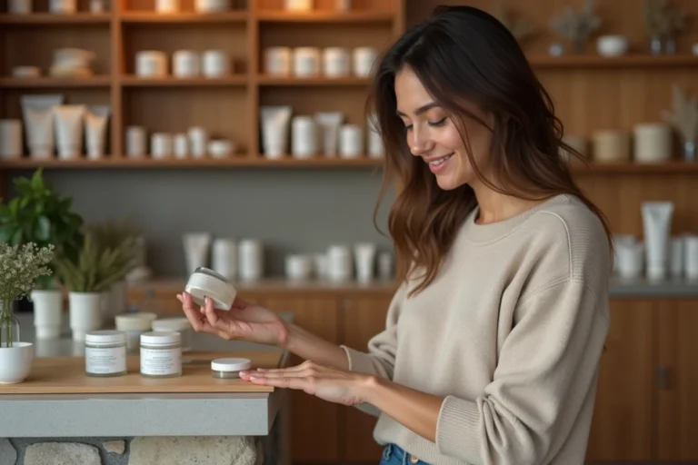 Femme testant des soins naturels dans une boutique moderne