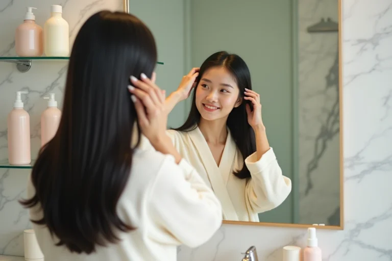 Jeune femme coréenne prenant soin de ses cheveux brillants et lisses dans une salle de bain minimaliste avec des produits capillaires coréens