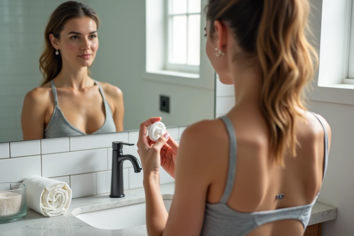 Femme appliquant un soin salin sur son piercing sternum devant un miroir de salle de bain lumineuse