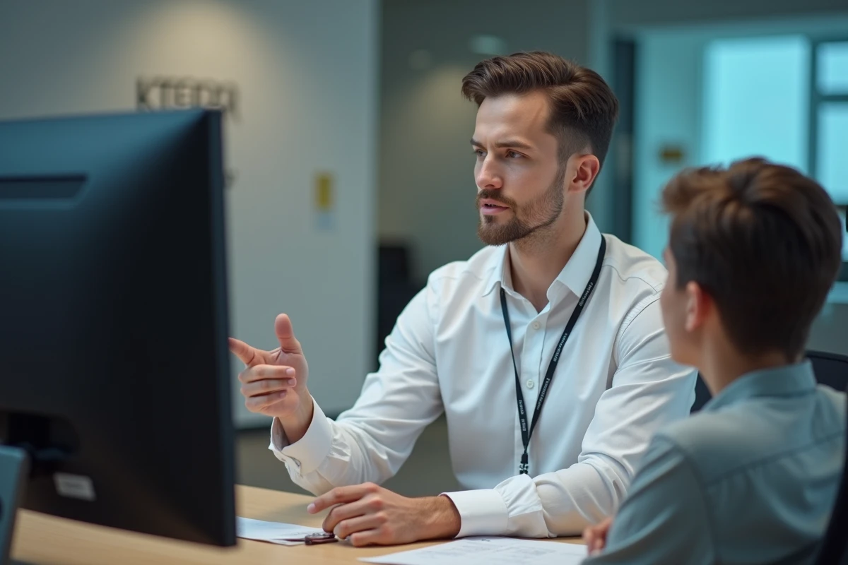 Agent du support technique universitaire aidant un étudiant à résoudre un problème de connexion à l'ENT CESI