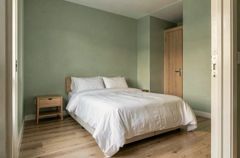 Chambre standard de 12 m² avec lit double, parquet bois et rangements intégrés illustrant les dimensions idéales d'une chambre