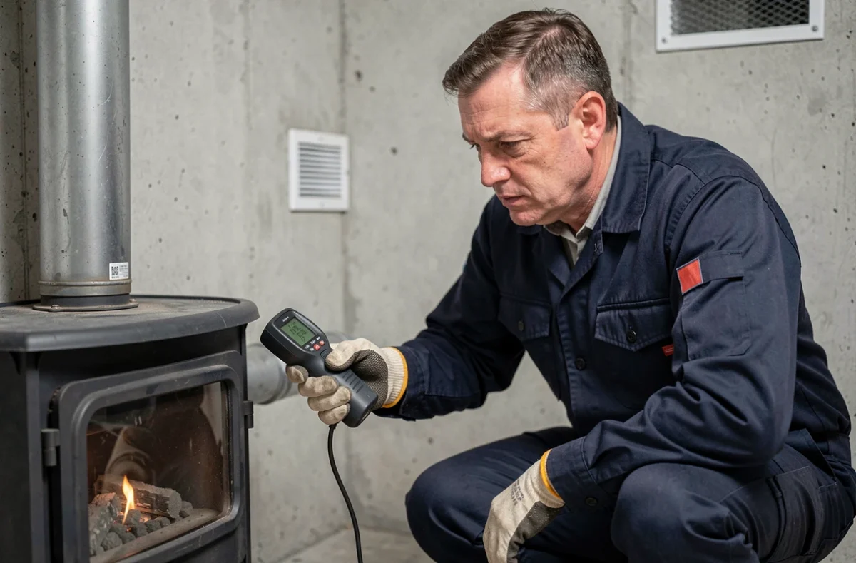 Technicien inspectant le conduit d'évacuation d'un poêle à pellets avec un détecteur de monoxyde de carbone