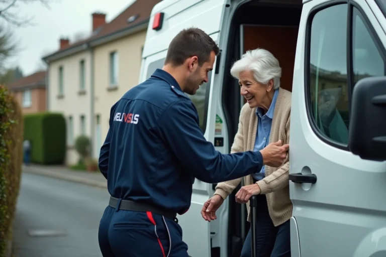 Aide au transport ambulance VSL pour une personne âgée par un ambulancier en tenue professionnelle