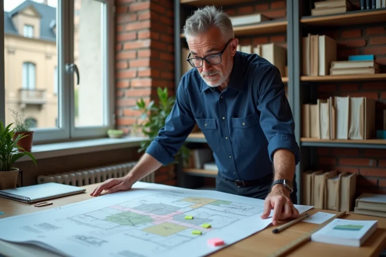 Urbaniste consultant un document PLU dans un bureau municipal avec des cartes de zonage étalées sur une table