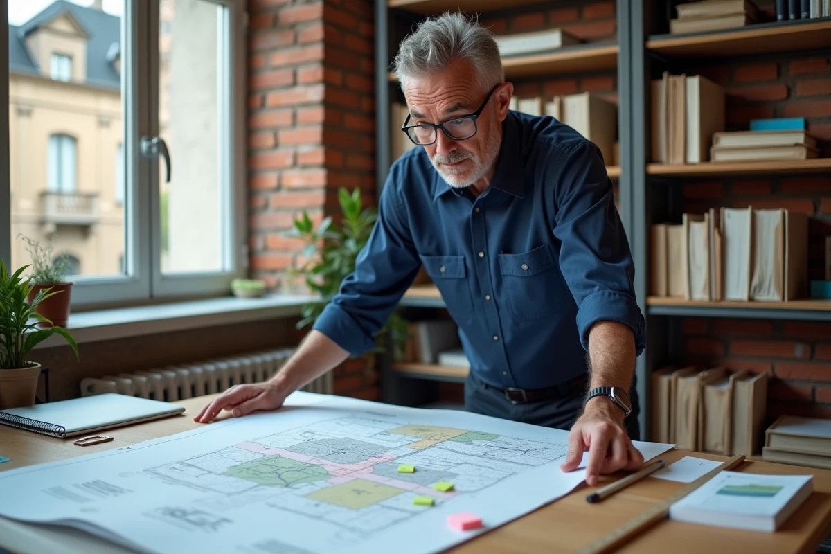 Urbaniste consultant un document PLU dans un bureau municipal avec des cartes de zonage étalées sur une table