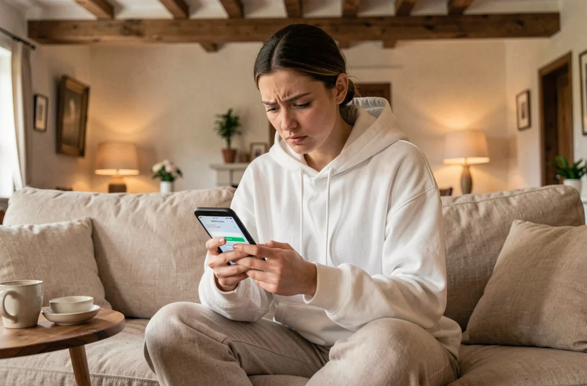 Jeune femme vérifiant son identité sur smartphone pour récupérer son compte FranceConnect depuis son salon